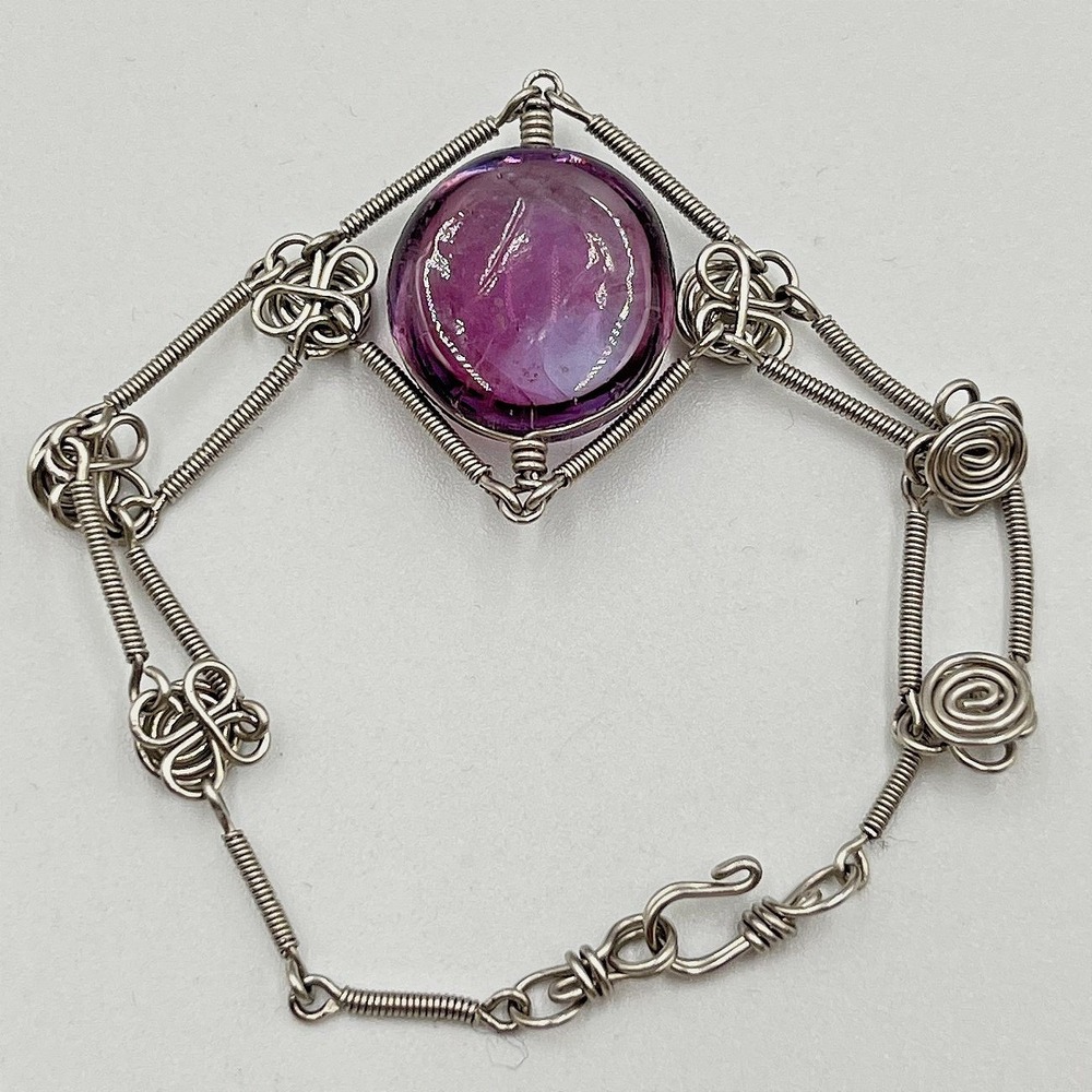 Vintage Artisan Wire Wrapped Purple Glass Cabochon Bracelet Silver Tone Boho Y2K